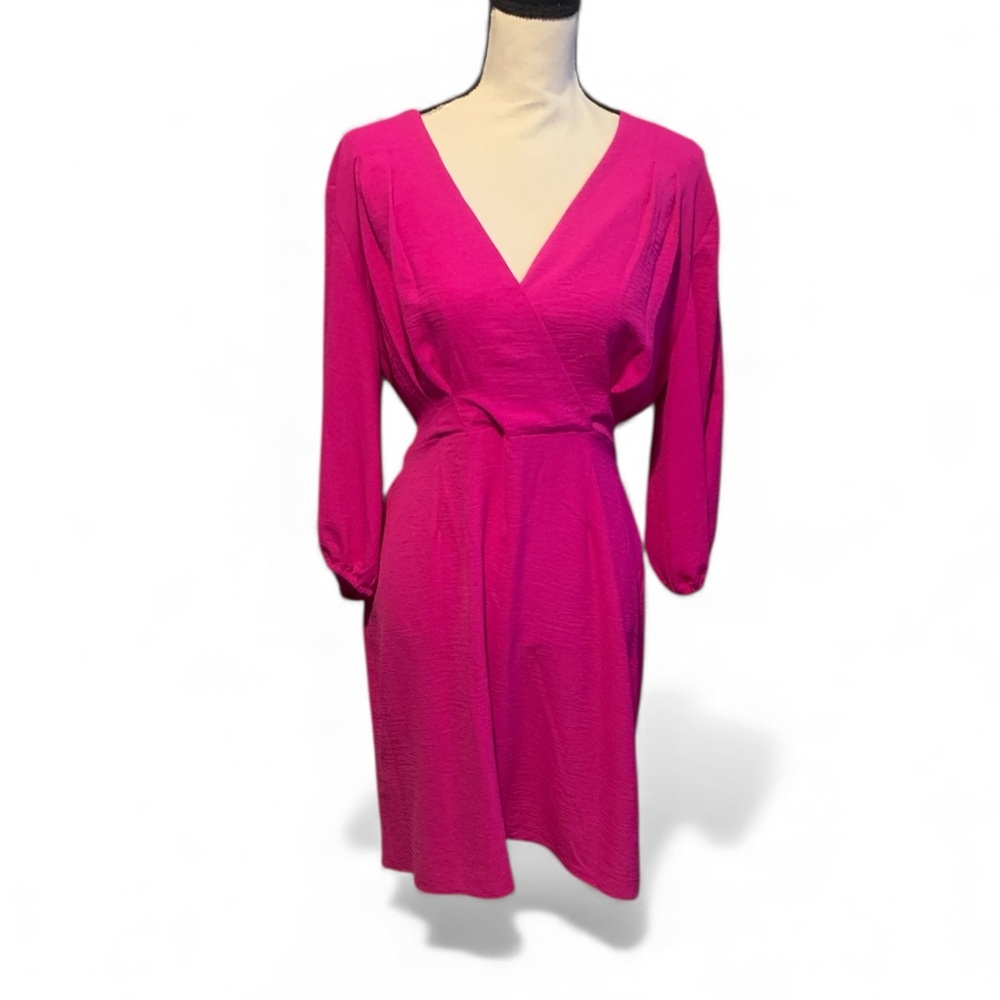 DKNY Bright Pink Wrap Dress 3/4 Balloon Sleeves Midi Dressy Preppy Evening